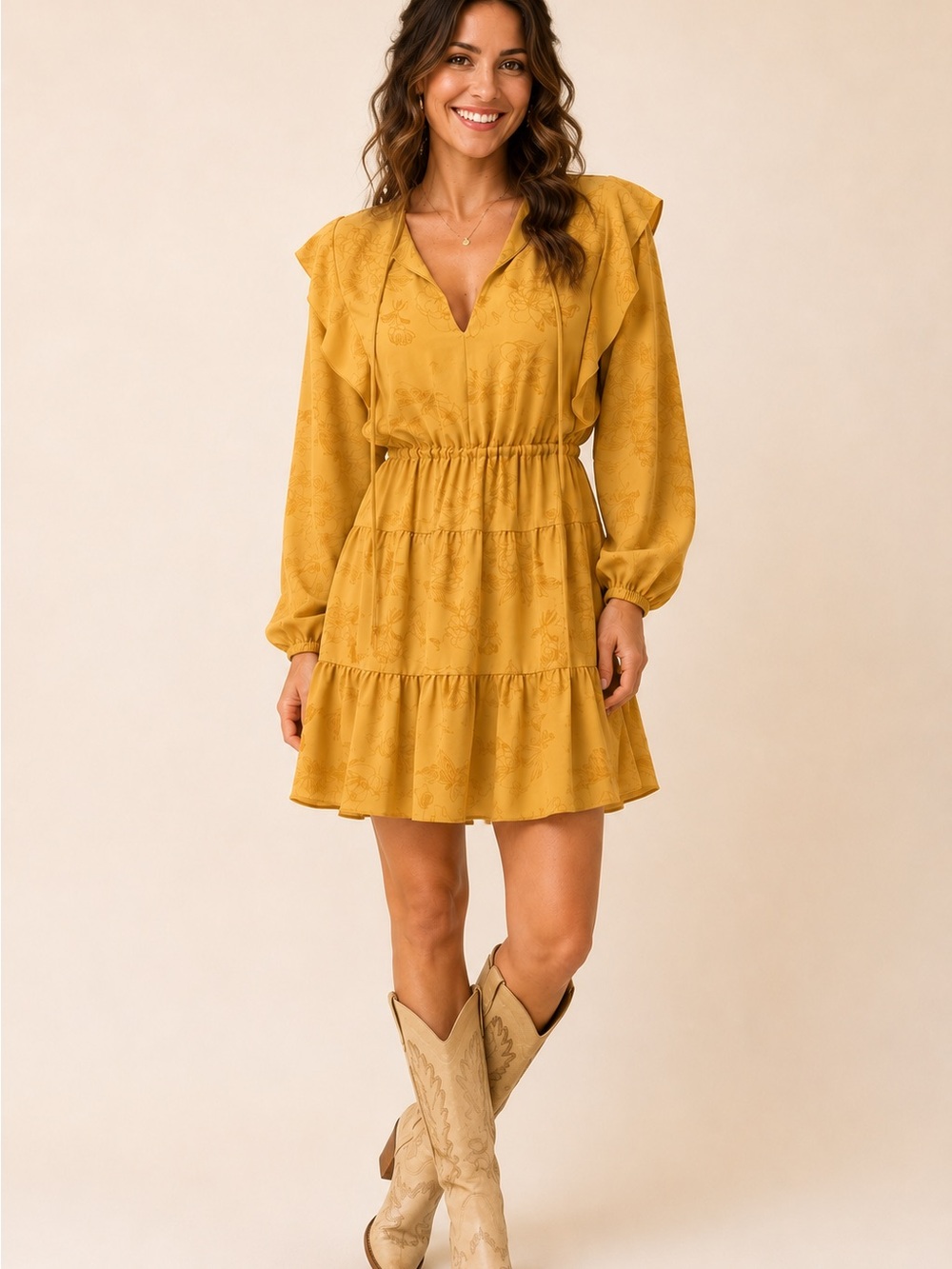 Wilfred by Aritzia Golden Mustard Floral Ruffle Sleeve Tiered Dress / Whimsical